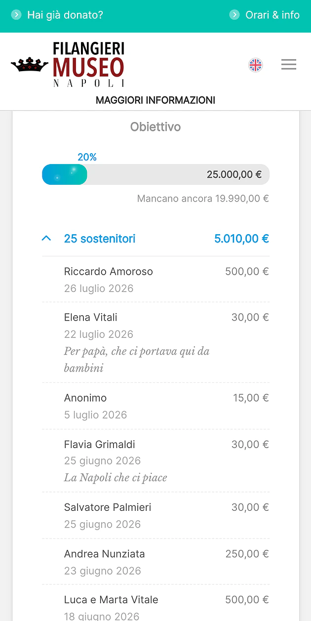 Riquadro obiettivo espanso della campagna «Tutta Nuova!» su smartphone — la barra di avanzamento, «25 sostenitori · 5.010,00 €» e l’elenco pubblico dei donatori con importo, data e le dediche lasciate