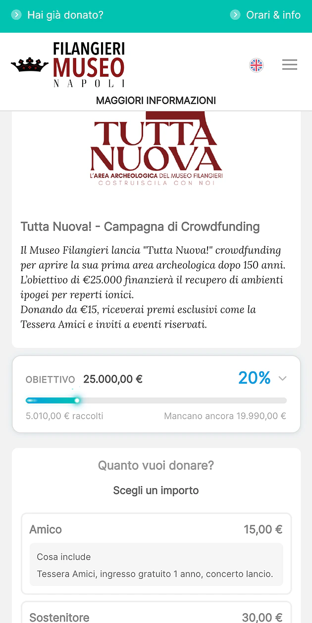 Campagna di crowdfunding «Tutta Nuova!» del Museo Filangieri su smartphone — obiettivo 25.000 €, barra di avanzamento al 20% con 5.010 € raccolti e i livelli di donazione appena sotto