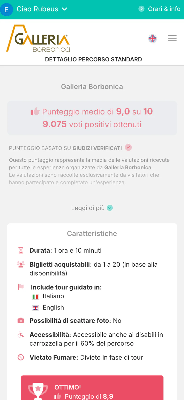Scheda esperienza okTicket della Galleria Borbonica — punteggio medio della struttura, 9,0 su 10 con 9.075 voti positivi
