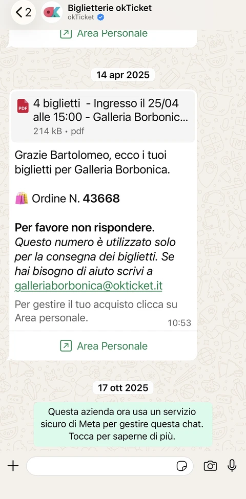 Chat WhatsApp verificata di okTicket che consegna i biglietti in PDF