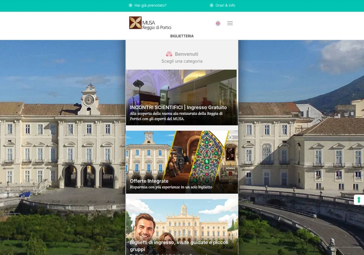 Biglietteria online okTicket su desktop — vetrina della Reggia di Portici