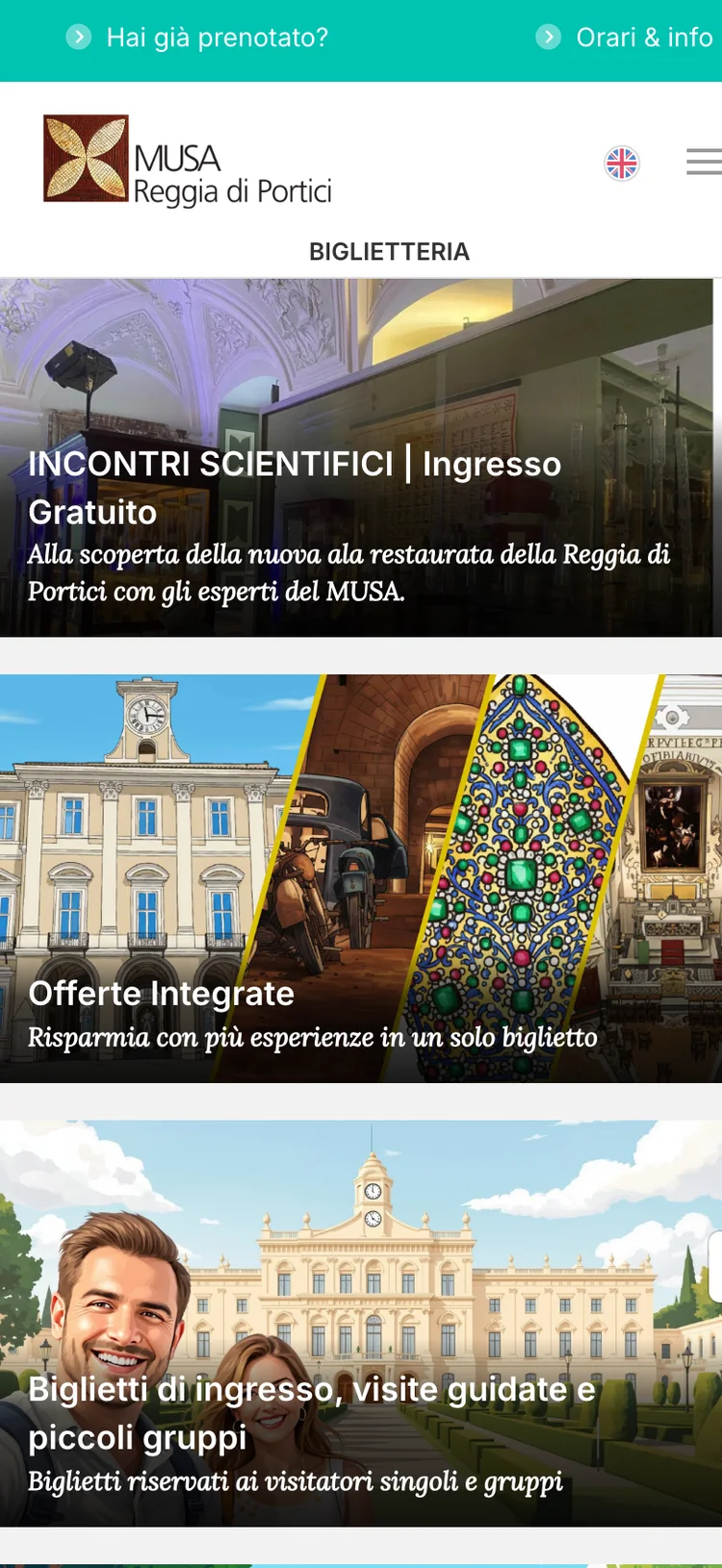 Vetrina della biglietteria online del Centro MUSA — Reggia di Portici: categorie e card biglietto curate da okTicket