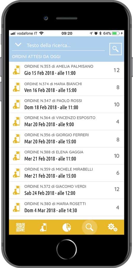 Schermata di esempio dell'app okTicket che mostra la funzione di ricerca rapida degli ordini